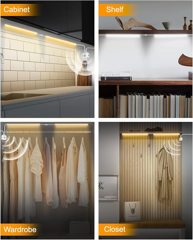 Daymeet Under Cabinet Lights Plug in, 12 Inch Ultra Thin Led Light bar, Motion Sensor Counter Closet Lamp, 3 Color Temperatures 3500K 4500K 6500K Shelf Lights for Kitchen, Workbench, Desk (2 Pack)