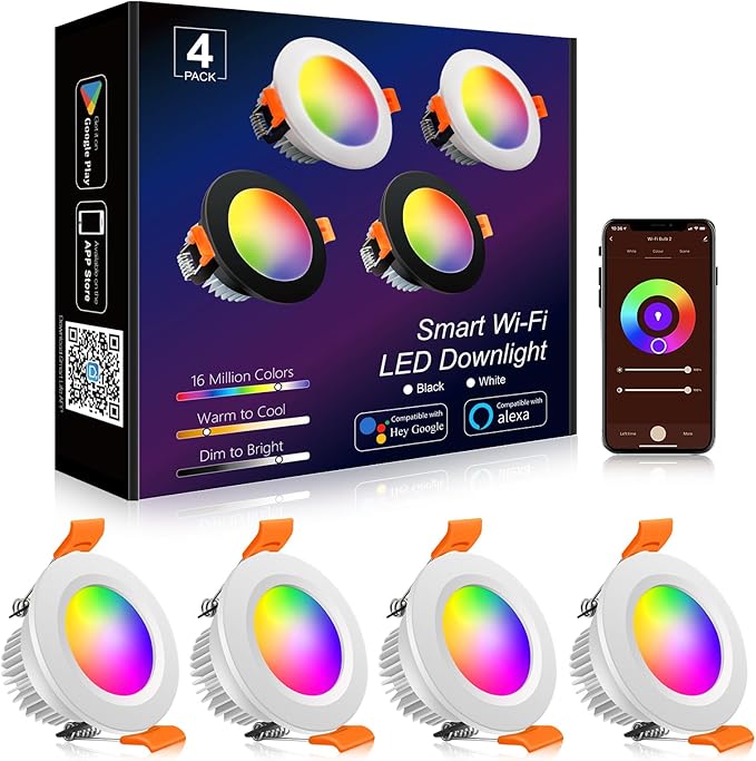 YGS-Tech Smart 3 Inch LED Recessed Lighting RGB WiFi Downlight, 5W Compatible with Alexa and Google Home, Dimmable RGB & CCT 2700-6500K Color Changing, 120V Ceiling Light with LED Driver (4 Pack)