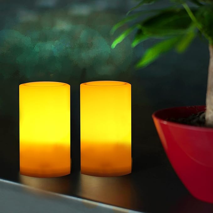 CANDLE CHOICE Outdoor Battery Operated Flameless Candles with Remote Timer Waterproof Flickering Plastic Electric LED Pillar Lights for Lantern Patio Garden Wedding Party Decorations D3”xH5” 2 PCS