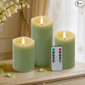 Green Flameless Candles with Remote and Timer, Real Wax Made LED Pillar Candles Battery Operated with 3D Flickering Flame Melted Edge, 3" x 4",5",6", Set of 3 (Pastel Green)