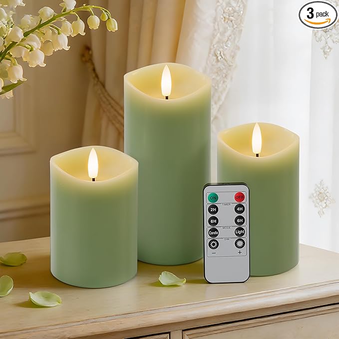 Green Flameless Candles with Remote and Timer, Real Wax Made LED Pillar Candles Battery Operated with 3D Flickering Flame Melted Edge, 3" x 4",5",6", Set of 3 (Pastel Green)