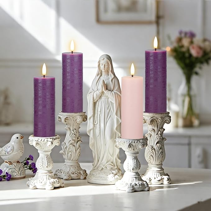 Flameless Advent Candles Set of 4, Real Wax Advent Pillar Candles Battery Operated 9.6", Purple and Pink Christmas LED Candle for Wreath, Christ, Home, Church, Catholic Decoration
