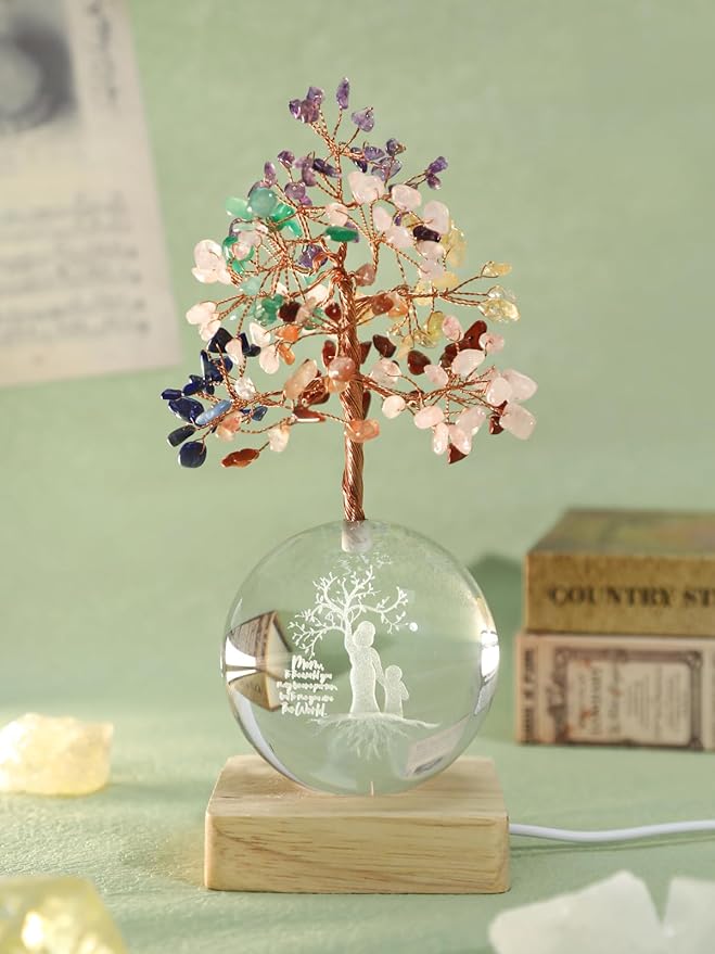 Crystal Tree of Life, 7 Chakra Healing Tree with Multicolor Night Light Crystal Ball for Meditation Relaxation, Spiritual Gift for Women, Mother (3D Mom & Kid Figurines)