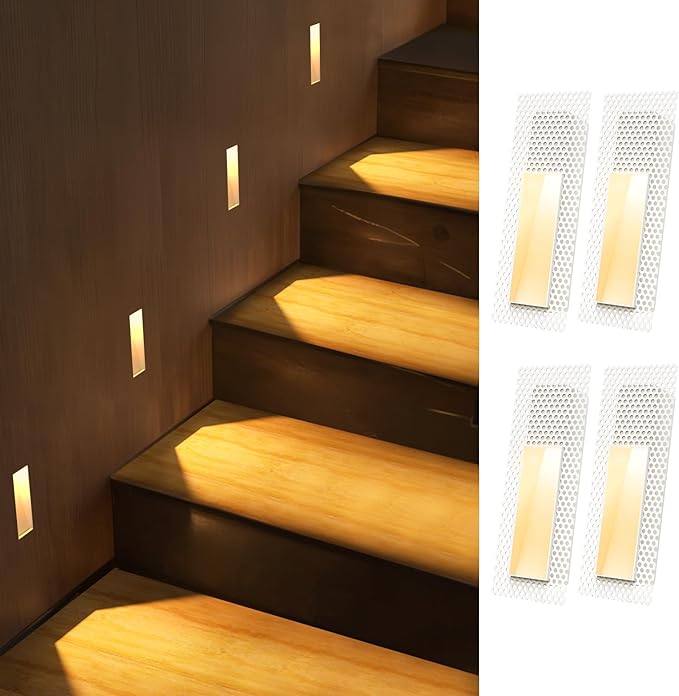 SCON Recessed Step Light, 2W LED Rectangle Skirting Wall Light 3000K Warm White, Invisible Stair Lights Indoor, Recessed Wall Night Light, Trimless Design for Hallway, Stairway, Bedroom 4-Pack