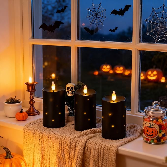 Lezonic Black Flameless Waterproof Outdoor Candles with Remote, 4Pcs Battery Operated Candles LED Flickering Dancing Flame, Built-in String Lights for Halloween Patio Room Decor, 3.25" x 6"