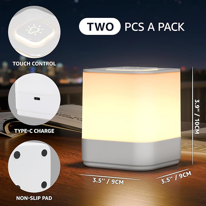 uuffoo 2 Pack Rechargeable Night Light Lamp 3 Color Touch Dimmable LED Portable Table Lamp Battery Operated, USB Changing, Small Cordless Lamp for Bedside Bedroom Travel