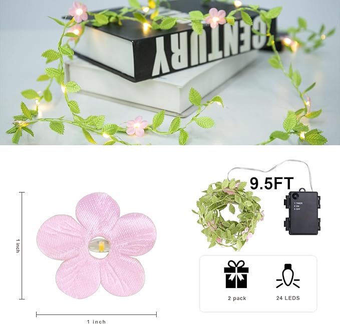 Vigdur 2 Packs Vine Lights - Tiny Leaf Ivy String Lights with 48 Cherry Blossom Lights Battery Powered Waterproof Fairy Light Indoor Outdoor for Bedroom Party Garden Wall Décor St. Patrick's Day
