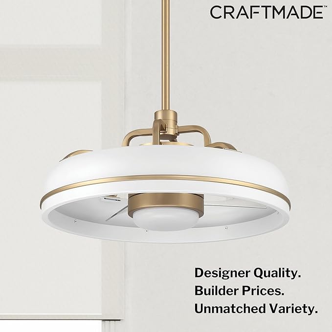Craftmade Taylor 20" Dual Mount Indoor/Outdoor Flat Black Finish Ceiling Fan, LED Light Kit, Remote Control Included, Smart WiFi Enabled with Voice Activation (White/Satin Brass)