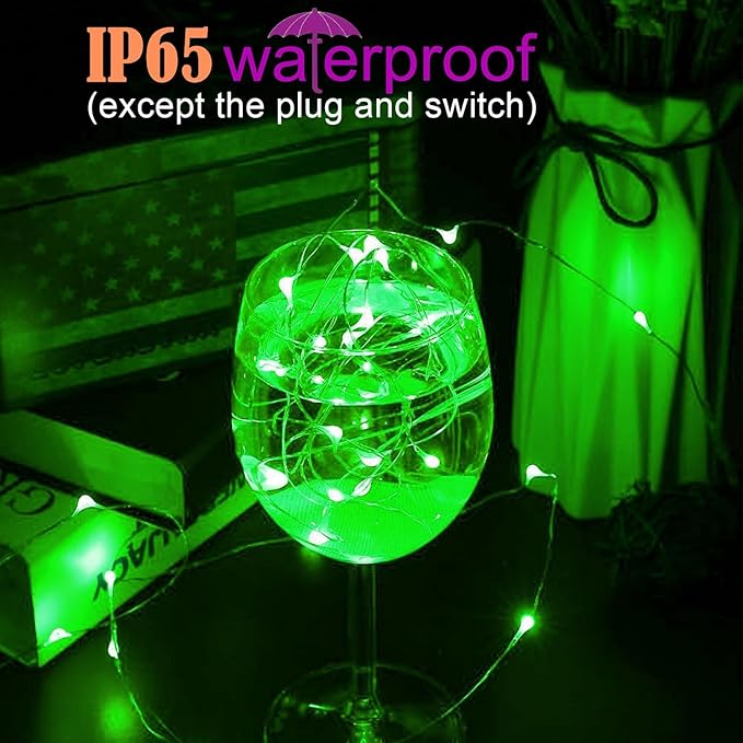 RUICHEN Plug in Fairy Lights with Switch, Waterproof 33 Ft 100 LED Silver Wire Starry String Firefly Lights for Christmas, Halloween, St. Patrick's Day, Parties, Ceiling, Vases, Craft, Green