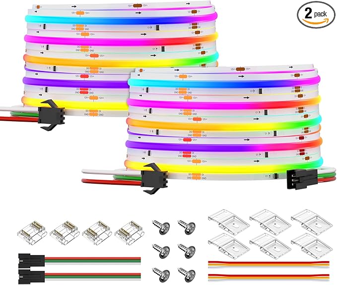 BTF-LIGHTING FCOB WS2811 IC RGB COB LED Strip DC12V 630LED/m Flexible High Density Uniform Chasing Color Light 2X16.4FT Total 32.8FT 14IC/m 10mm Width(No Adapter or Controller)