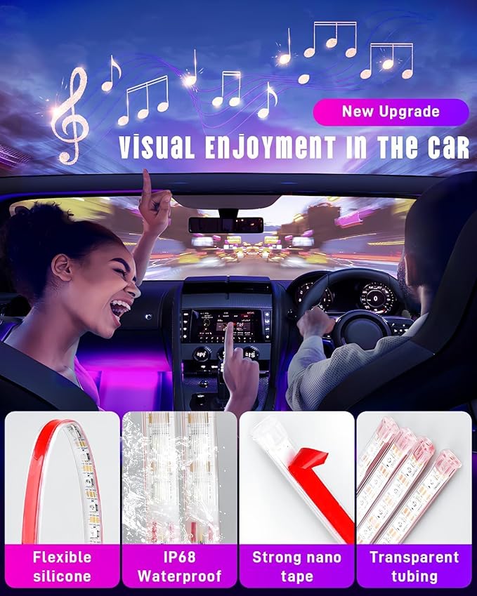 Car LED Strip Lights,72 LED Interior Strip Lights Dream Color RGB+IC with Smart APP Remote Control,Multicolor Footwell Under Dash Chasing Inside Light Kits Music Sync Mode,for Cars Truck ATV UTV