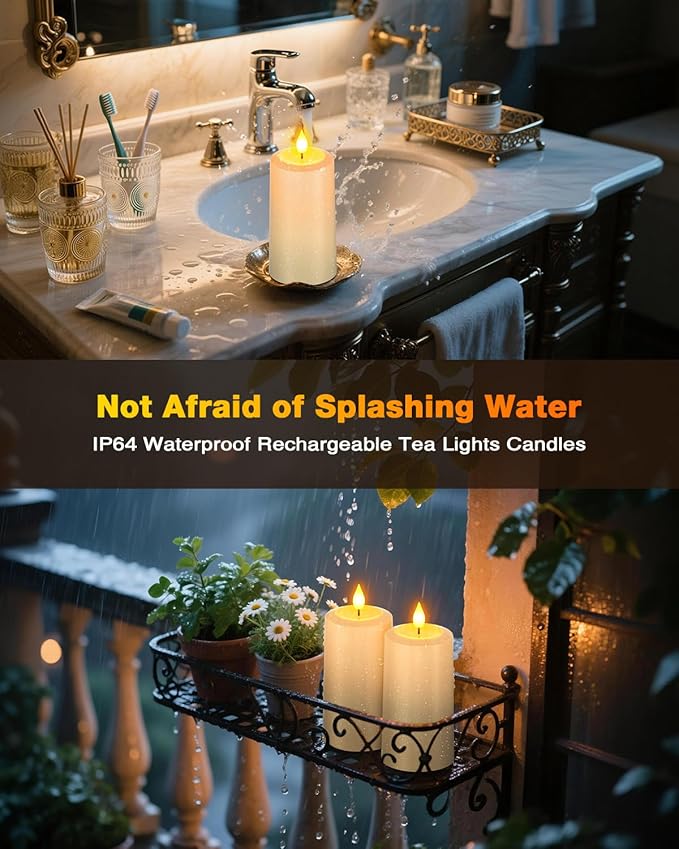 Yme Rechargeable Flameless Pillar Candles with Remote & Magnetic Charging Base,4PCS Waterproof Battery Operated LED Fake Candles Flickering with Timer for Indoor Outdoor Lantern Patio Yard Home Decor