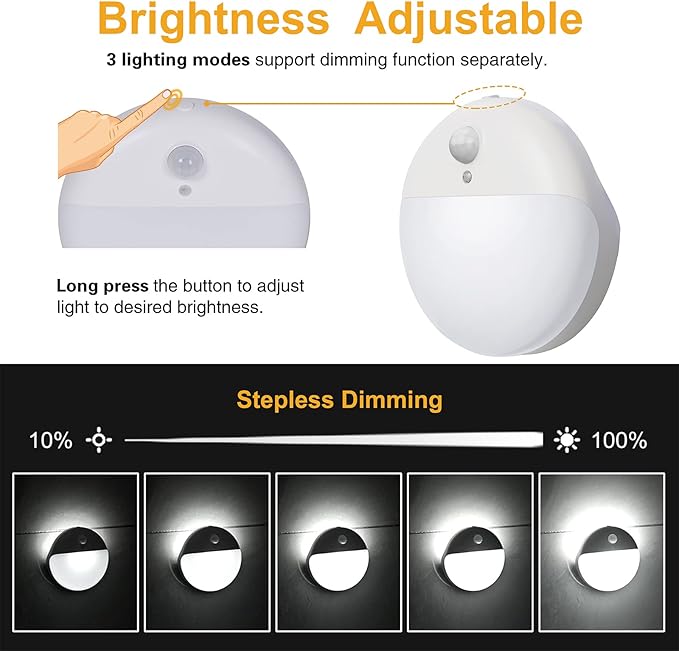 4 Pack Battery Night Light, Toilet Lights, 2.6" Small Motion Senor Light, Stick on Lights, 3 Light Modes, Dimmable LED Nightlight for Closet, Stairs, Garage, Cabinet, Toliet, Daylight White