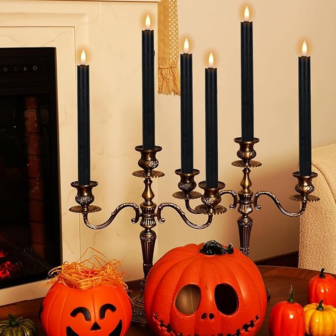 Wondise Halloween Flameless Taper Candles with Timer, Battery Operated Real Wax Black LED Candles 3D Wick Flickering Flame for Halloween Home Decoration, Set of 6（D0.78 x H9.5 Inch