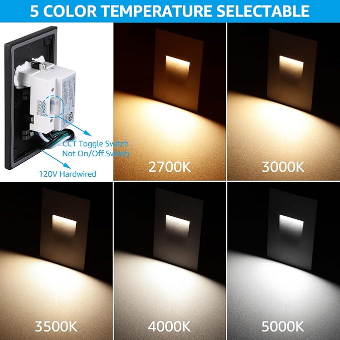 LEONLITE Black 5CCT 120V LED Step Lights, 3.5W 150LM 5%-100% Dimmable Horizontal Stair Lights Indoor Outdoor Wet Location, CRI90+ & ETL, 2700K/3000K/3500K/4000K/5000K, Aluminum, Pack of 3