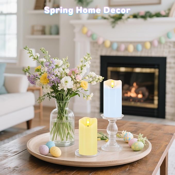 Flameless Candles Light, Set of 2 6"x3" Flickering Pastel Spring LED Candles with Remote & Timer, Dimmable Real Wax Easter Pillar Candles Battery Operated for Home Spring Easter Decor (Blue Yellow)