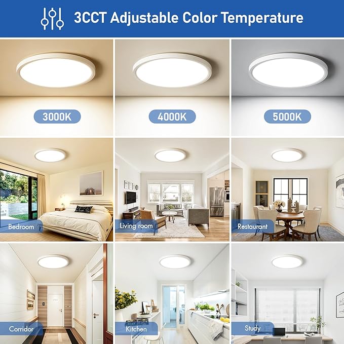 12 Inch Slim Dimmable LED Flush Mount Ceiling Light Fixtures, 24W 2640LM 3000K/4000K/5000K, House Upgrade Led Lights for Bedroom Hallway Laundry Room Rental Units, 240W Equiv., Black