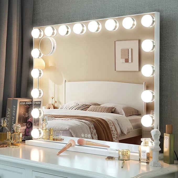 Kottova Vanity Mirror with Lights, Lighted Makeup Mirror with 18 Dimmable LED Bulbs, Hollywood Mirror, 3 Color Lightings, USB Charging Port Touch Control, Metal Frame（27.5" x 21.6"）