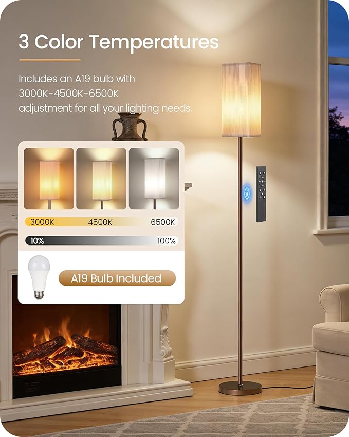 64.2'' Dimmable Floor Lamp for Living Room with Remote and Foot Switch, Corner Floor Lamp for Bedroom, Includes 10W A19 Bulb, Modern Standing Tall Lamp, ETL Listed, Brown and White VCW17LD05