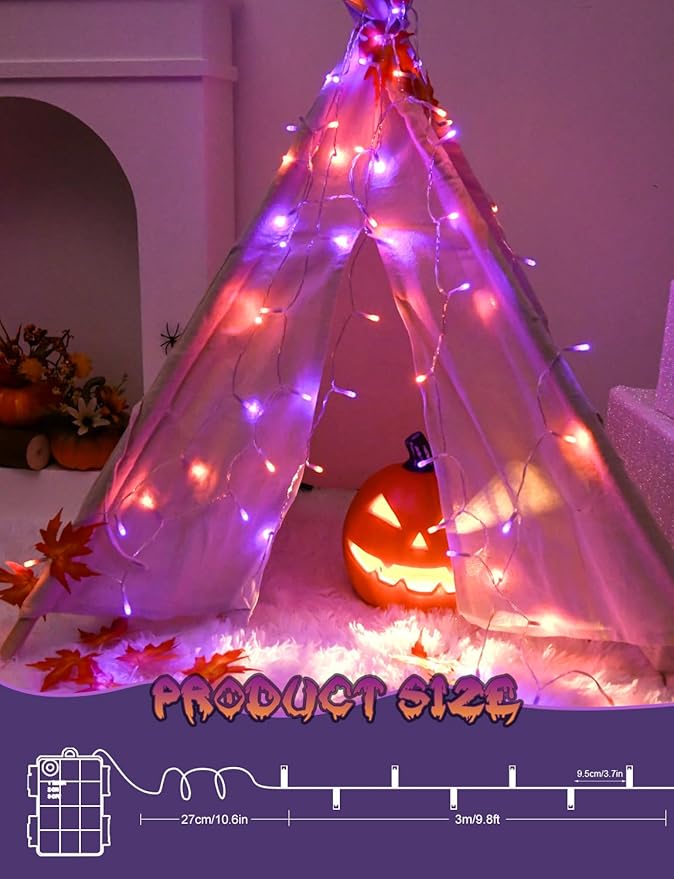 Halloween String Lights Battery Operated with Timer, Orange and Purple Fairy Lights Outdoor 9.8ft 30LED, Halloween Decorations for Party Yard Pathway Indoor Outdoor 2 Packs