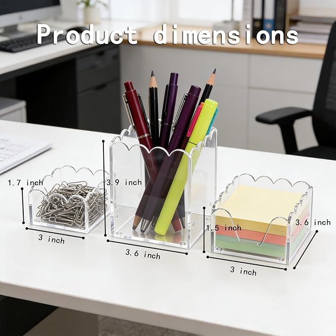 YAGELI Clear Acrylic Desk Organizer Set of 3, Magnetic Modular Pen Holder with Sticky Notes & Paperclip Tray, Aesthetic Desk Accessories for Home Office & Minimalist Decor