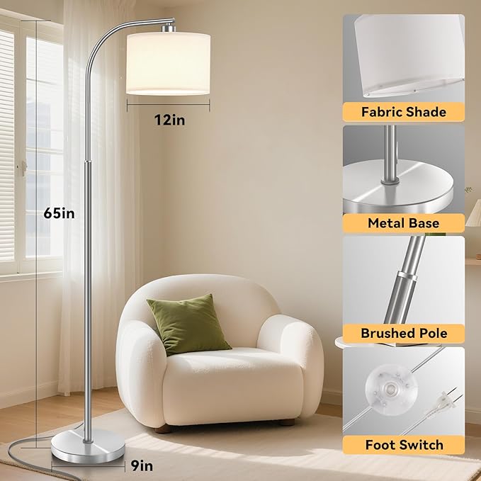 Floor Lamp for Living Room with Remote,Dimmable Standing Lamps,Modern Tall Floor Light with Smart RGB Bulb,App Control,3 Color Temperatures,Fabric Shades,Silver Floor Lamp for Bedroom Corner