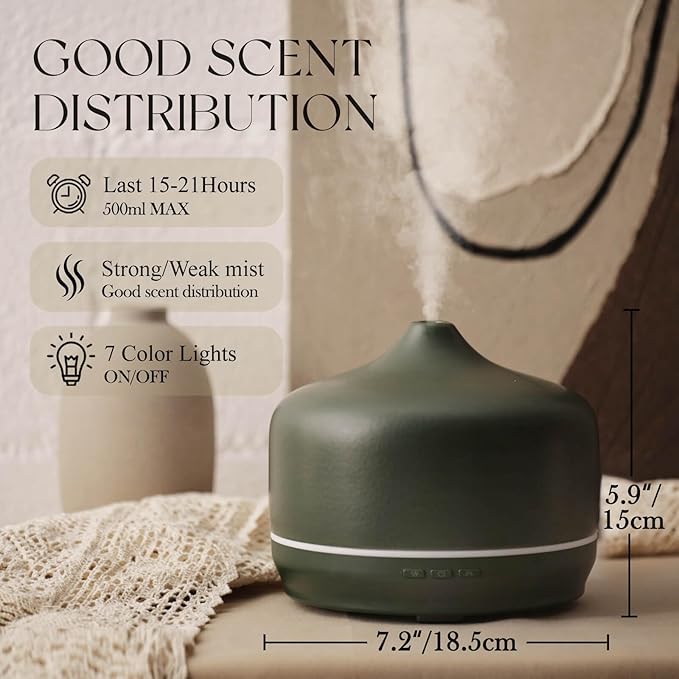 Porseme 500ml Glass Essential Oil Diffuser Aromatherapy Ultrasonic Cool Mist Humidifier 15-21 Running Hours Waterless Auto-Off Air Diffusers for Sleeping Yoga Working Spa(Hunter Green)