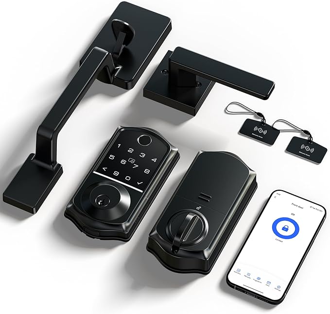 Veise VE017-D Smart Fingerprint Front Door Lock Set, App Control, 8-in-1 Keyless Entry Deadbolt with Lever Handle, Touchscreen Keypad, IP55 Weatherproof, Auto Lock, Easy Install, Matte Black