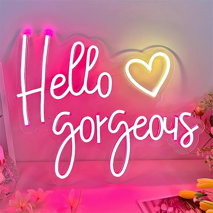Hello Gorgeous LED Neon Signs for Wall Decor Neon Wall Art Acrylic LED Lights with Hanging Chain Light Up for Bedroom Decor Graduation Bar Pub Wedding Party 5V USB Powered Dimmable