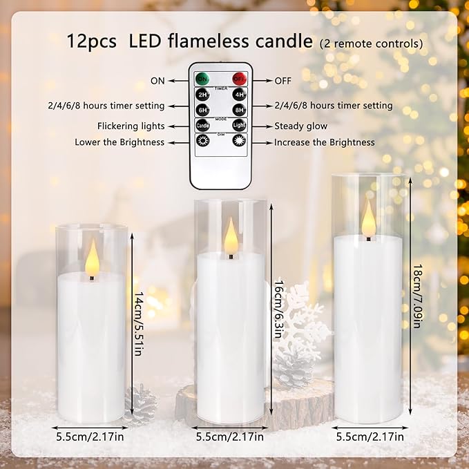 12-Pack White Acrylic Flameless LED Candle Set with Timer Remote Control—Ideal for Home Decor, Valentine's Day, Weddings, and Holiday Celebrations.
