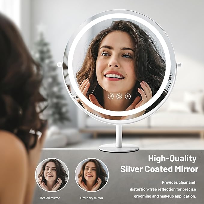 Makeup Mirror with Lights, Lighted Makeup Mirror with Magnification, 1x/10x, Large Round Vanity Mirror with Stand, 3 Color Modes, Brightness Adjustable, Smart Touch Control, 13 Inches Diameter