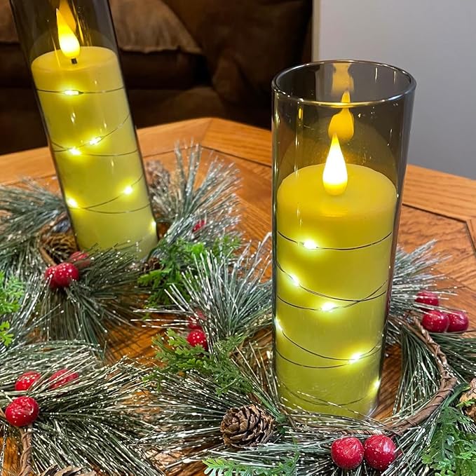 LED Candles Flickering with 2 Remote and Timer, 3 Pack Flameless Battery Operated Candles with 3D Flame and String Lights for Halloween Christmas Home Fall Fireplace Bedroom Decorations
