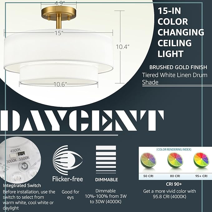 DAYCENT Modern Gold Semi Flush Mount Ceiling Light with Drum Shade 3000K/4500K/5500K LED Flush Mount Drum Lamp Brass Ceiling Light Fixtures for Hallway Bedroom Kitchen Living Room, 30W