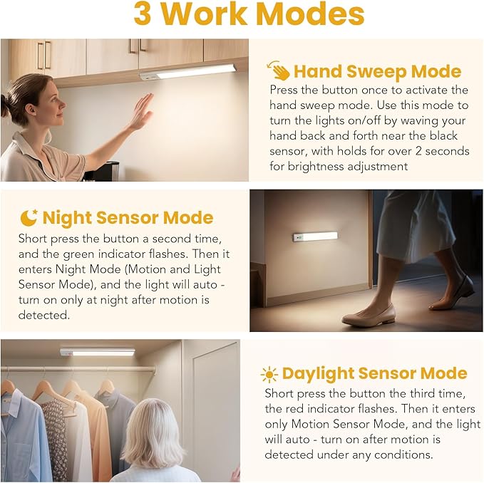 Under Cabinet Lighting with Hand Wave, 78 LED Motion Sensor Light, Rechargeable Closet Lights with 3 Color Temps, 11.8 Inch Dimming Magnetic Strip Night Lights for Kitchen, Wardrobe, Stairs (2 Pack)
