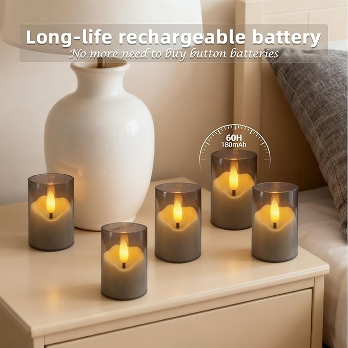 Rechargeable Gray Acrylic Flameless Tea Light 1.7"x2.5" with Remote Control & Timer, Flickering Warm White LED Votive Candles for Home, Wedding, Holiday Decor (Pack of 6)