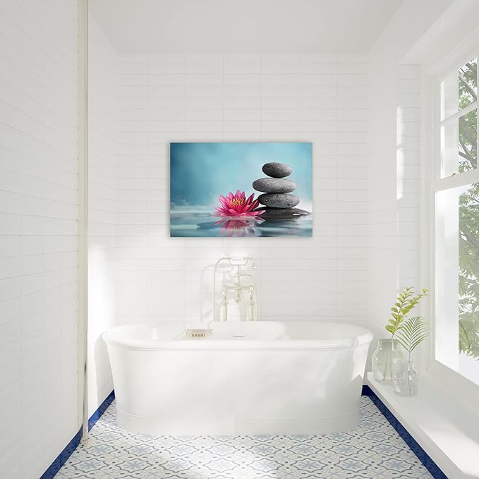 GUTTATY Zen Wall Art Decor, Modern Bathroom Zen Decor Wall Art, Zen Relaxing Canvas Wall Art for Spa Room Decor, Black Pebble and Pink Flower Zen Art Prints for Office & Spa Wall Decor 12x18 Inches