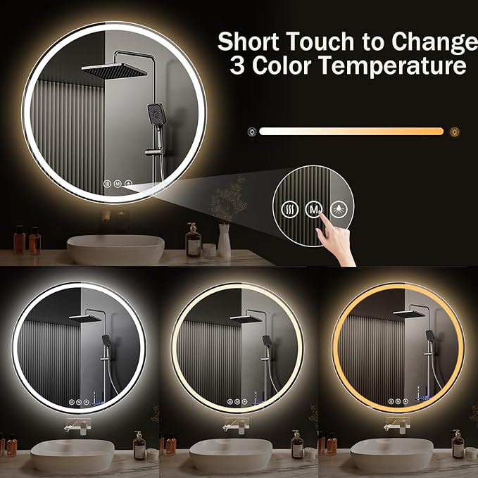 LED Bathroom Mirror 26 Inch Round Bathroom Mirror with Lights, Circle Wall Mirror with 3 Colors Brightness, Anti-Fog for Bathroom Vanity, Entryway Living Room