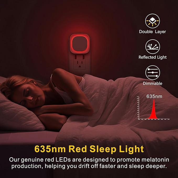 2 Pack Plug in Red Sleep Night Light, Auto Dusk to Dawn, Soft Glow, Dimmable Diffused Light, Led Lights for Bedroom, Sleep, Baby Nursery, Kids, Toddler, Bathroom, Hallway, Home Decor