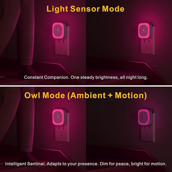 2 Pack Plug in Night Light with Motion Sensor & Dusk to Dawn Sensor, Soft Pink Glow for Bedroom, Hallway, Girls Room, 3 Sensor Modes, Auto ON/Off, Dimmable Nightlight for Bathroom