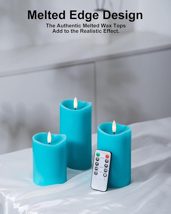 Teal Flameless Candles with Remote Timer, Real Wax Made LED Pillar Candles Battery Operated with 3D Flickering Flame, Teal Bathroom Accessories, Turquoise Set of 3 (3" x 4",5",6")