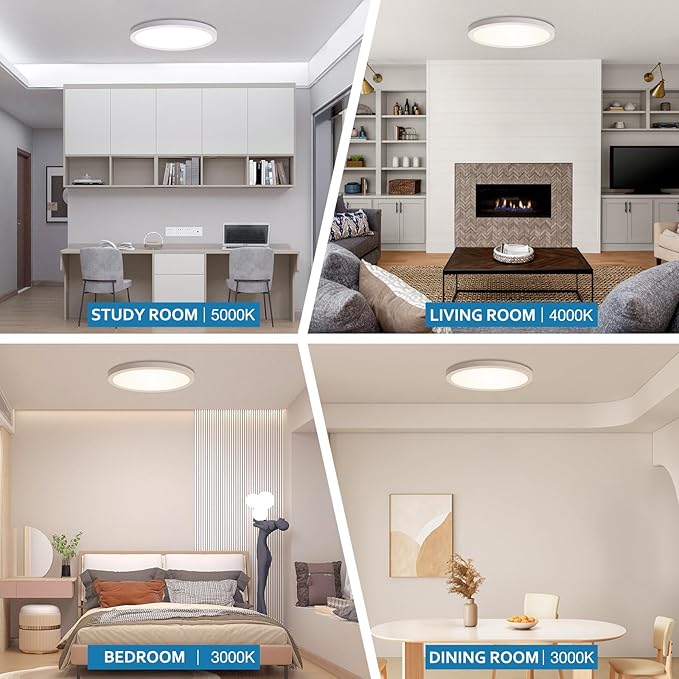 LED Flush Mount Ceiling Light Fixture 4 Pack, 24W 2400LM, 12-Inch Dimmable Low Profile Round Ceiling Light with 3 CCT (3000K/4000K/5000K), 5%-100% Dimming for Bedroom, Living Room & Hallway, White
