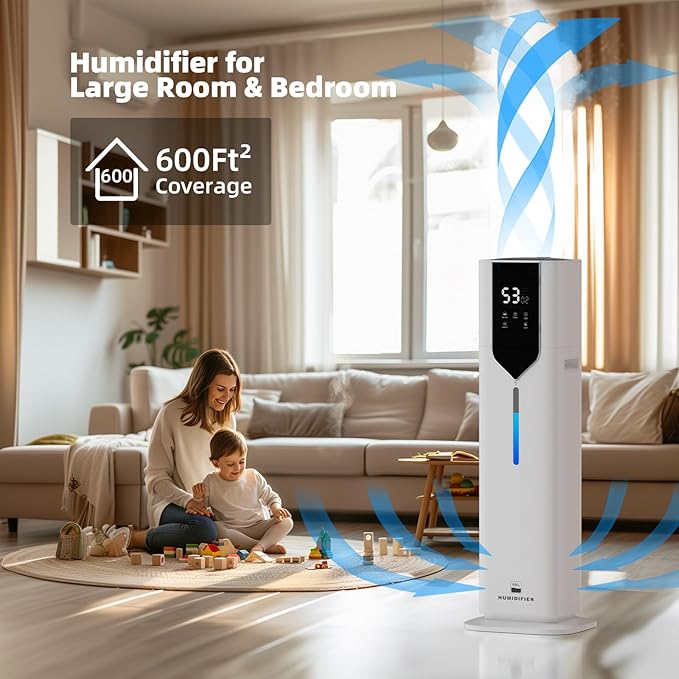 10L/2.6Gal Smart Humidifiers for Bedroom Large Room up to 600ft², 100H Runtime Cool Mist Top Fill, Ultra Quiet 30dB, Auto Control, Perfect for Bedroom, Office, Baby, White
