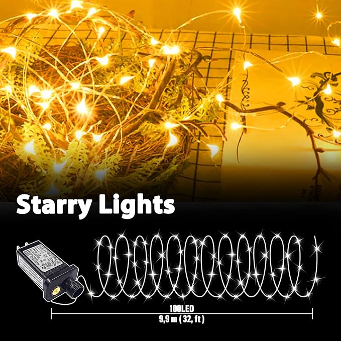 LAMPHOME Fairy Lights Plug in, 33Ft 100 LEDs Waterproof Twinkle Firefly Lights, Adaptor Included, Starry String Lights for Wedding Indoor Outdoor Christmas Patio Garden Decoration, Yellow