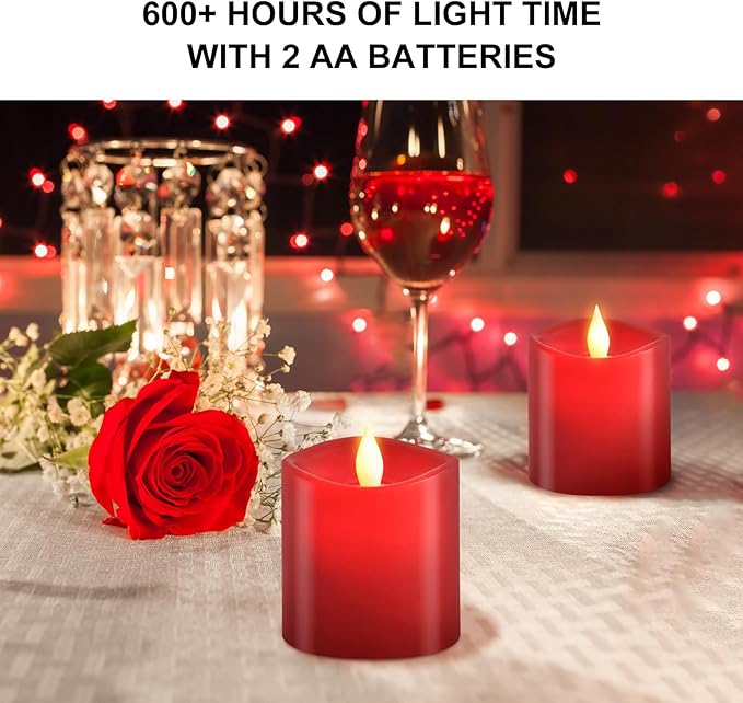 3x3 Flickering Flameless Candles Set of 2, LED Battery Operated Candles, 3 inch Flameless Candles with Remote Control, Suitable for Wedding Holiday Decoration,Red