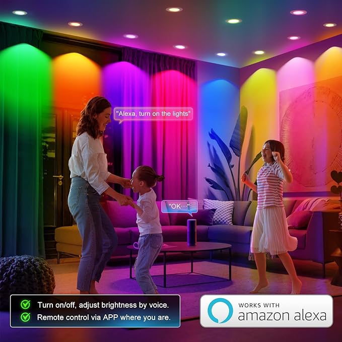 Smart Recessed Lighting 6 Inch, RGBCW Color Changing LED Can Lights Bluetooth Connect, Flicker Free, 13W 1300LM, Dimmable Retrofit Downlight Works with Alexa Voice & App Control, ETL, 1 Pack