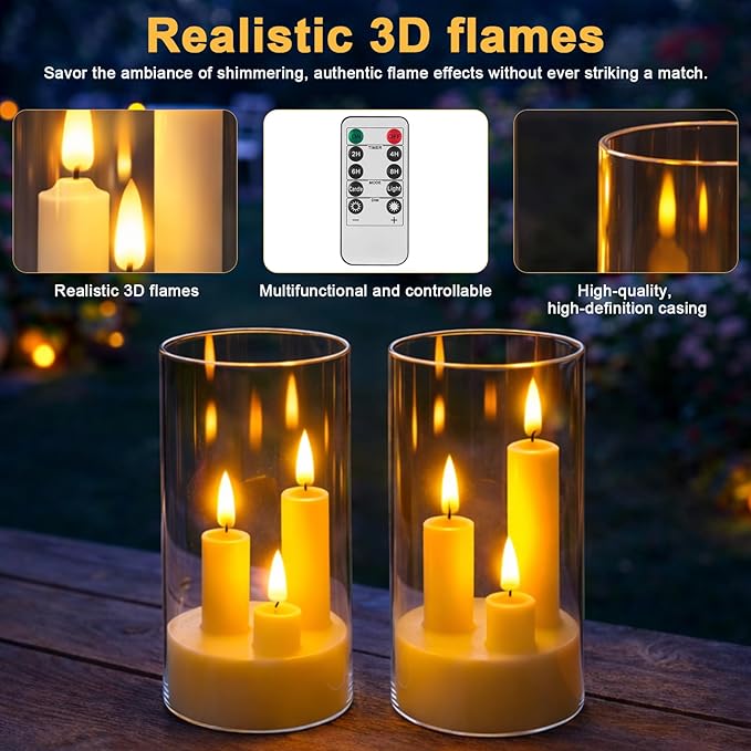 Flameless 3-in-1 Cone Candle with Remote & Timer, Battery-Operated LED Candle with 3D Flickering Wick, Acrylic,for Home Decor, Holiday Parties & Wedding Centerpieces(2pcs)