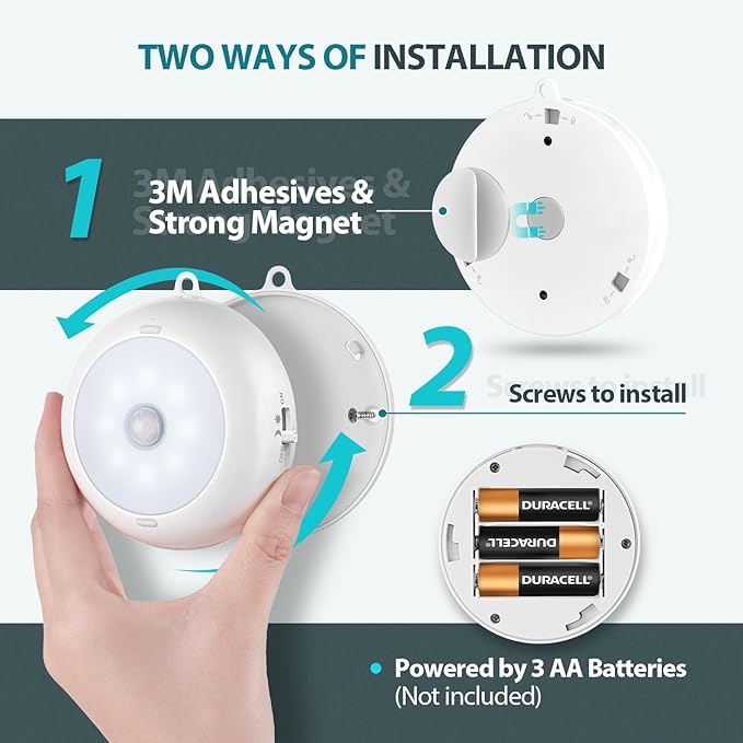 BLS Motion Sensor Light Indoor, Wireless LED Night Light, Under Cabinet Lighting, Battery Powered Puck Lights for Closet, Kitchen, Stairs, Wall, AA Battery Operated, Stick on, Dimmable, White, 6 Pack