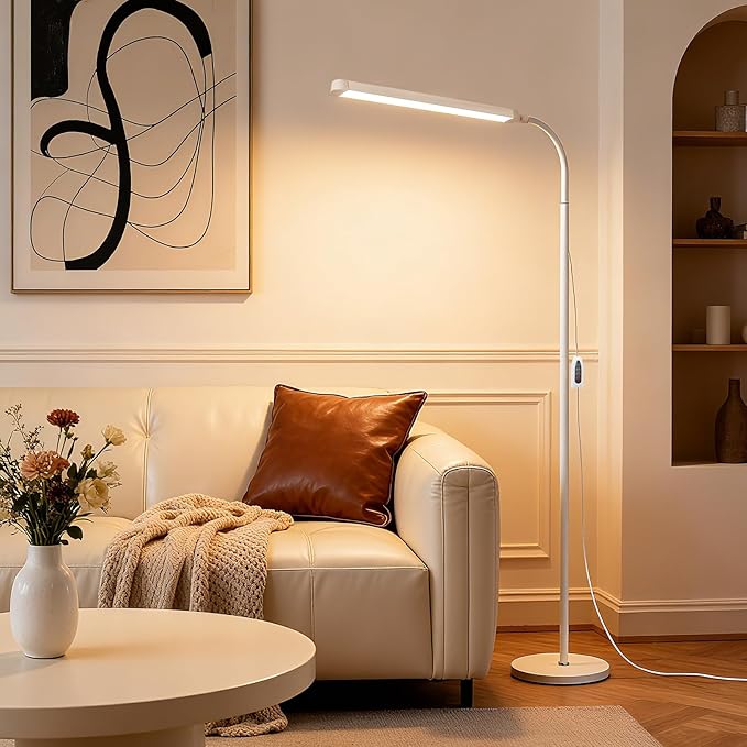 White 12W LED Bright Reading Floor Lamp for Living Room Bedroom Bedside Office Library, Eye-protection flicker-free adjustable from 3000-6000K ,Eyelash Tattoo Makeup Tall Standing Dimming Light