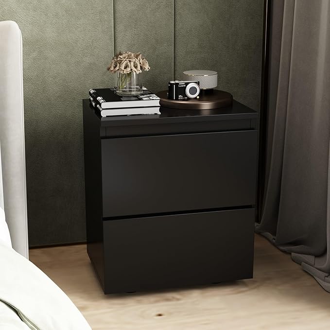 FAMAPY Modern Nightstand with 2 Drawers, Bedroom Storage Cabinet, Modern End Side Table, No Handle Design, for Living Room Black 15.7”W x 11.6”D x 18.9”H