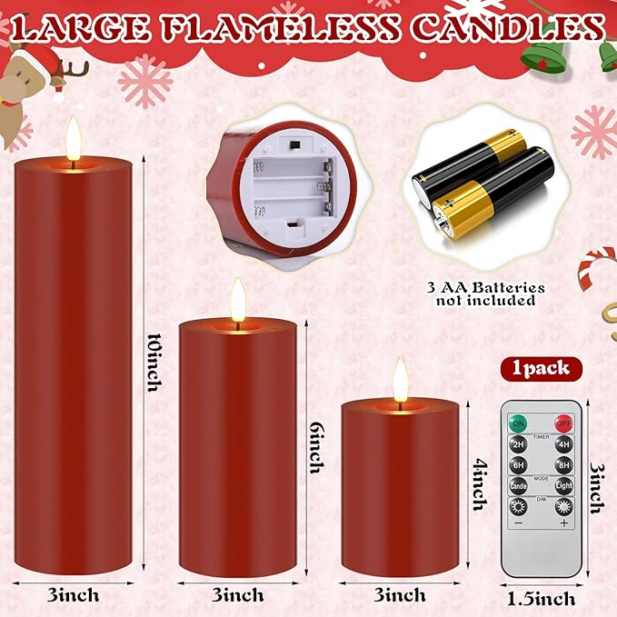 Retisee 3 Pcs Christmas Red Large Flameless LED Battery Operated Candles with Remote Xmas Pillar Flameless Flickering Candles for Indoor Outdoor Santa Party Wedding Light Decor(4''/6''/10'' x 3'')